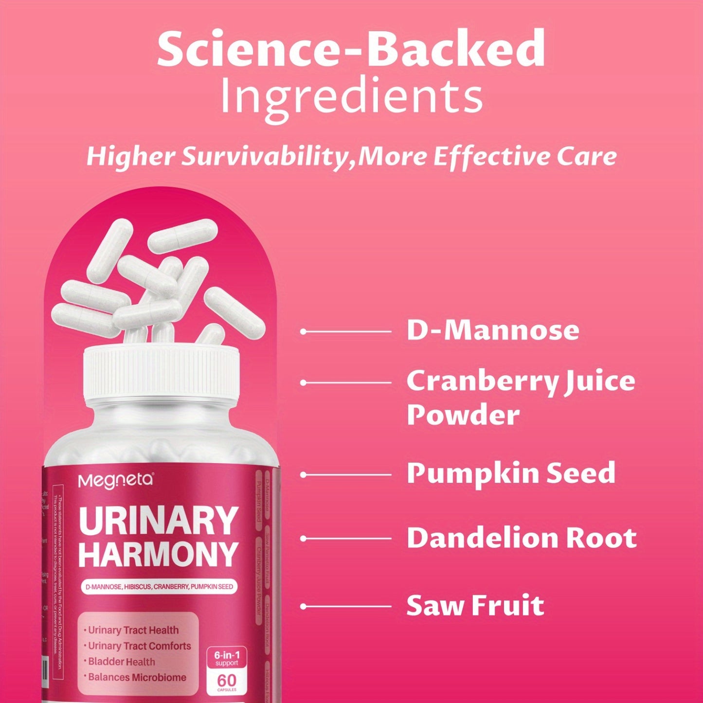 Megneta D-Mannose, Urinary Tract & Bladder Health with Cranberry, Hibiscus Flower & Dandelion, Urinary Tract Health for Women, Cleanse and Flush Impurities, UTI Supplement, 60 Capsules