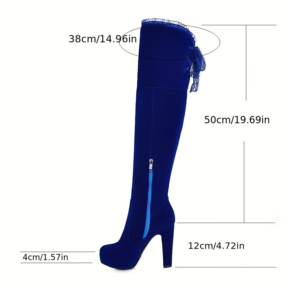 [Royal Blue Boots] Chunky Heel Women's Royal Blue Over-the-Knee Boots - Stretch Fabric, Round Toe, Rubber Sole, Side Zipper & Lace-Up Design - Fits 23-26.5cm Calf Length