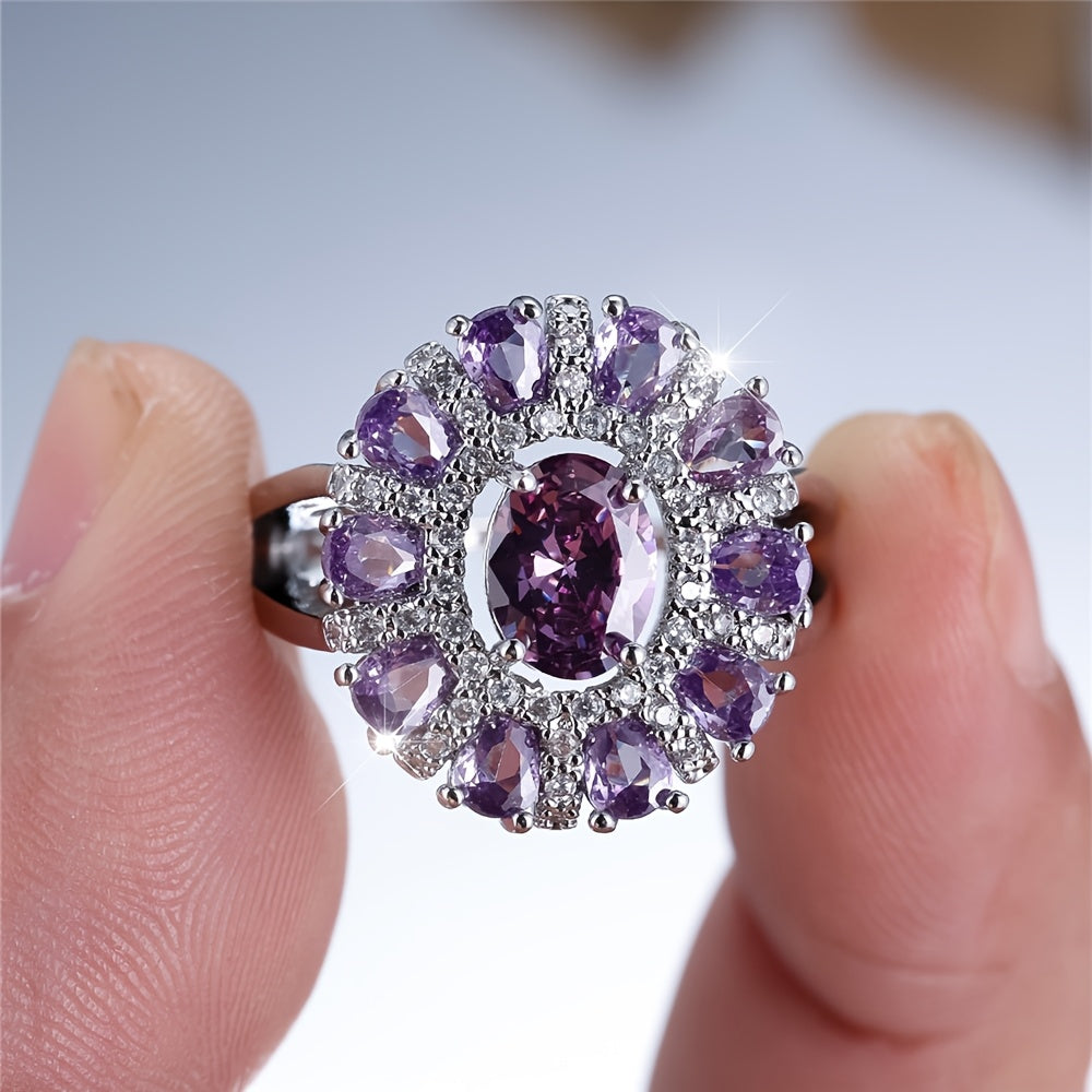 A Ring Featuring a Teardrop-Shaped Floral Design with a Silvery Oval-Cut Purple Faux, Perfect for Weddings, Engagements, Or Valentine'S Day Gifts., For Teenager