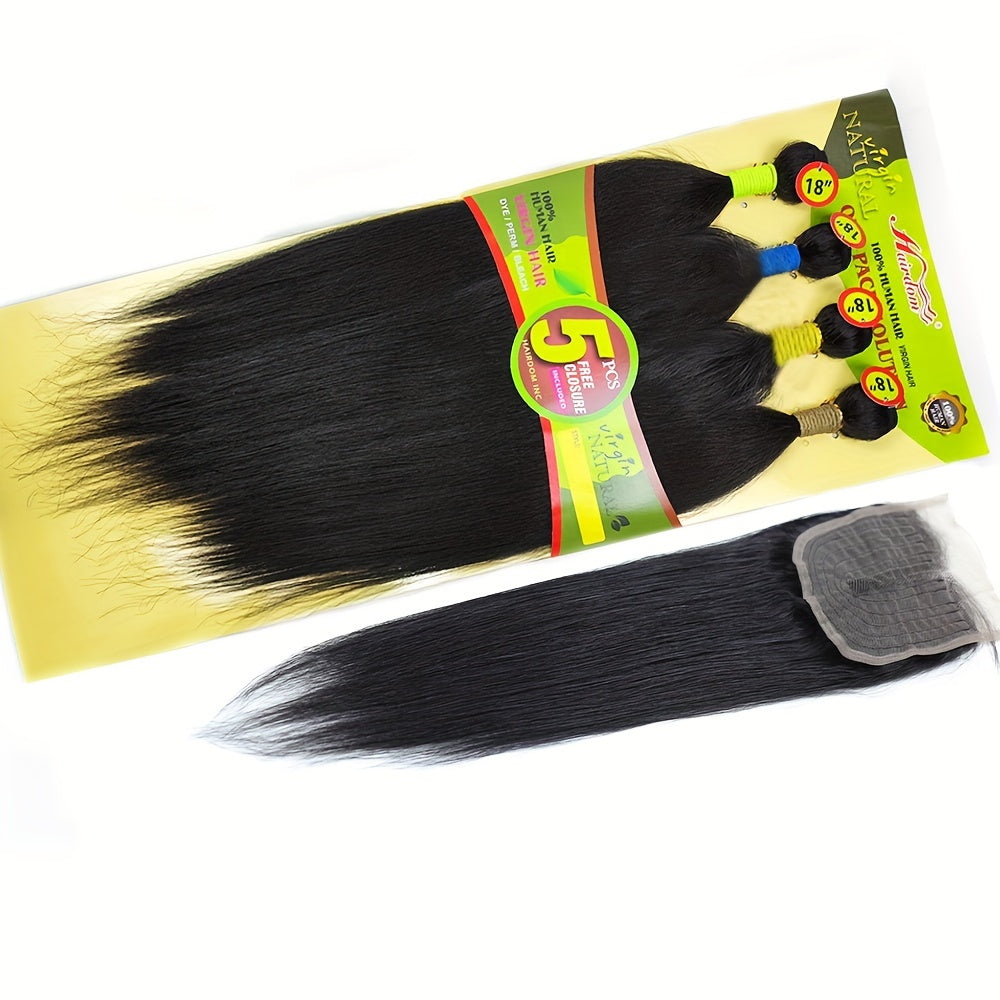 4 Bundles 12 Inch Straight Human Hair Weave with 4x4 Free Part Lace Closure - Natural Black Color, 100% Human Hair Extensions for Women, All Ethnicities, Versatile Hair Styling | Natural Hairline | Human Hair Bundle