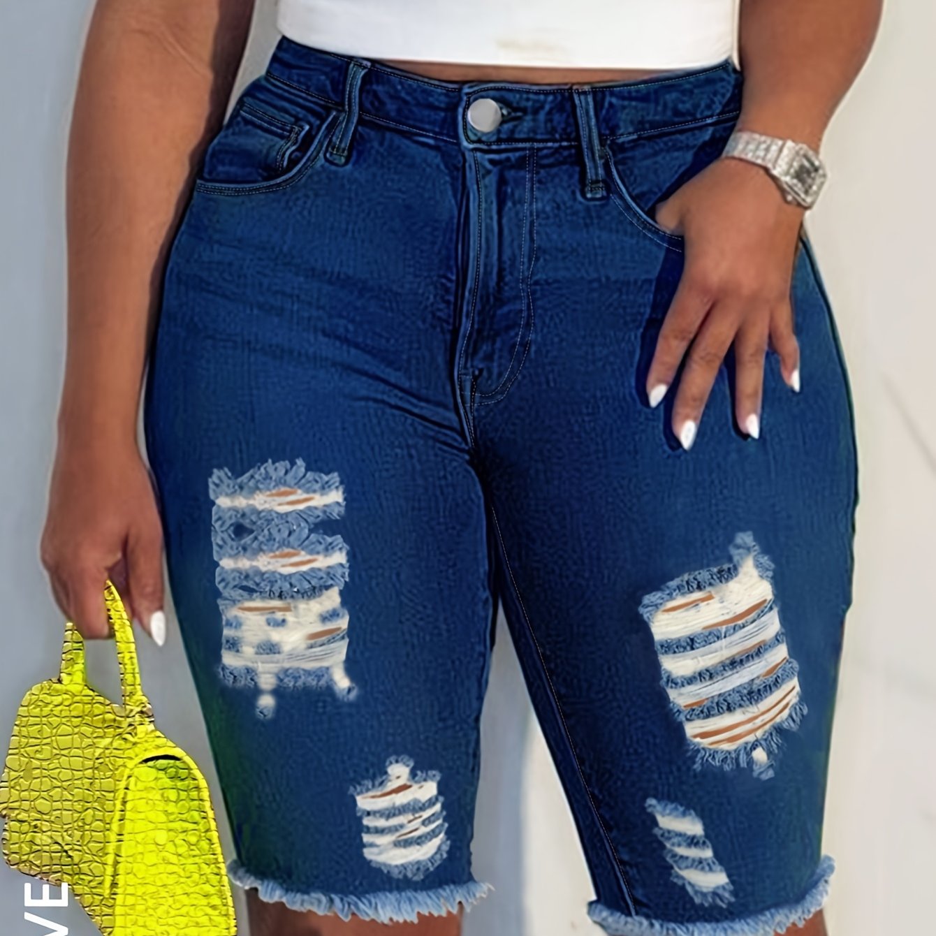 Plus Size Denim Shorts Women's High Waisted Stretchy Ripped Skinny Jeans Shorts with Zipper Button Closure