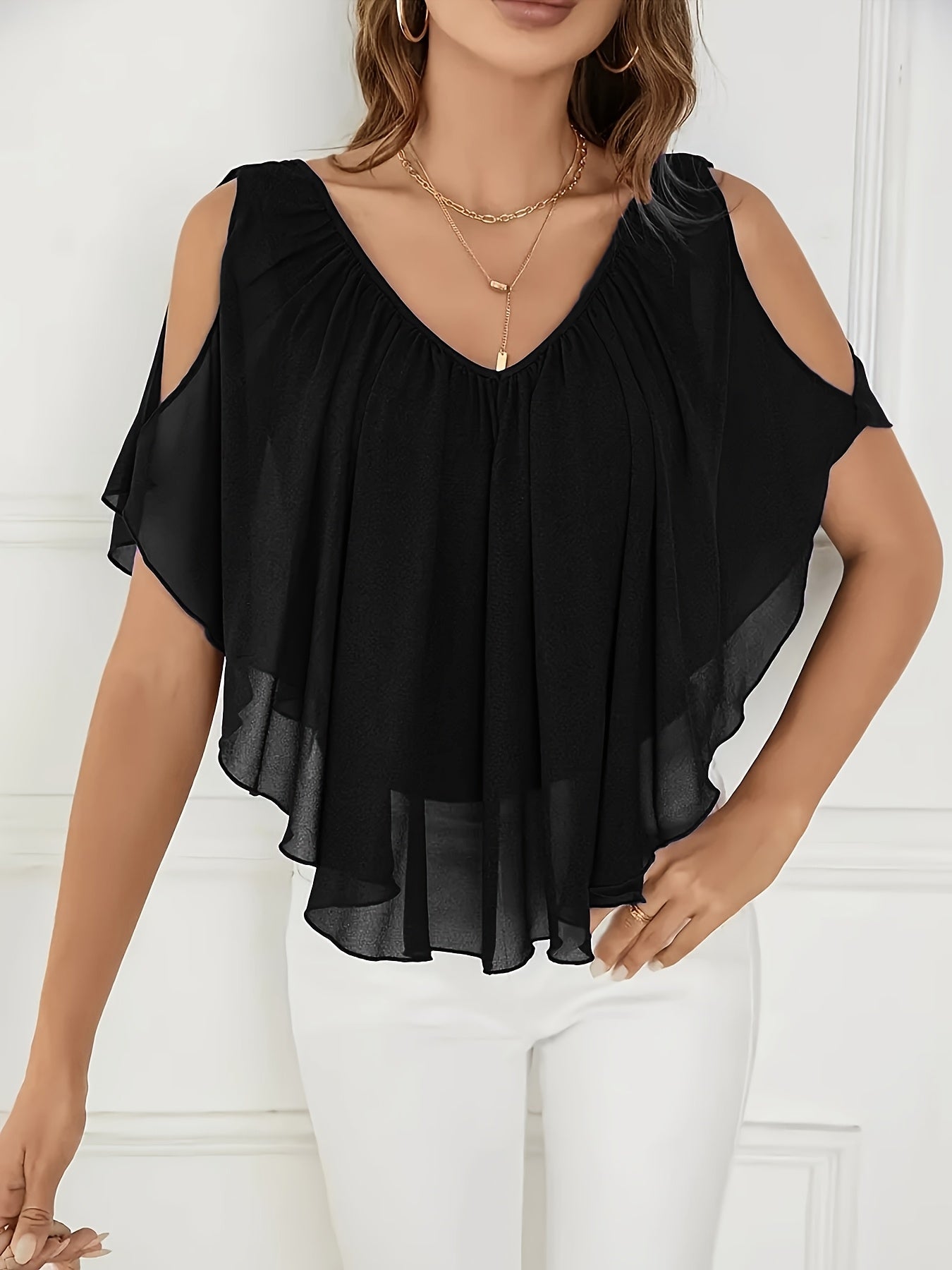 Plus Size - New Spring And Summer Plus-Size Women'S Solid Color Asymmetrical Hem Off-Shoulder Ruffled Chiffon Blouse