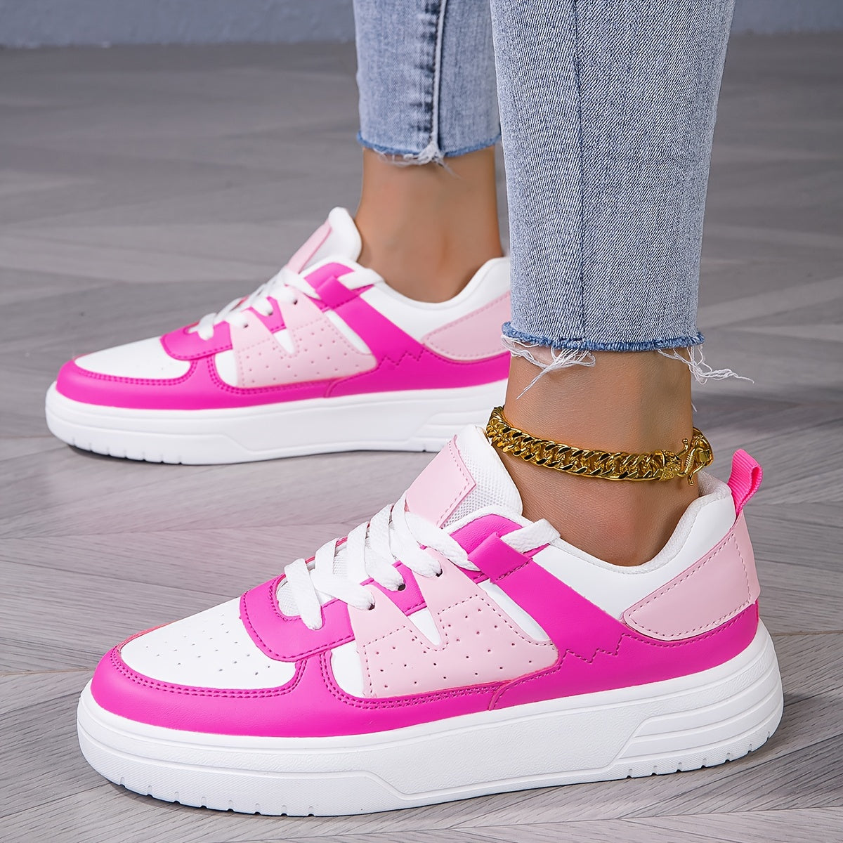 Women'S Plus-Size Pink & White Contrast Platform Sneakers - Breathable Synthetic Cover, Thick Cushioned EVA Sole, Low-Top Lace-Up Casual Sports Shoes for All-Season Comfort, Ladies Sneakers, Allseason Footwear, Durable Comfor