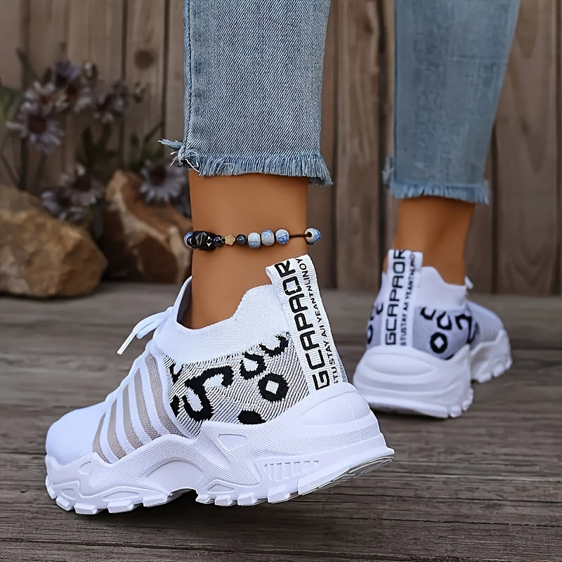 Women'S Shoes, Fashionable New Style, Mesh, Breathable Sports Shoes, Retro White Sneakers, Korean-Style, Casual Women'S Shoes, Leopard Print Embellishment, Running, Walking, Brisk Walking, Tennis, Outdoor