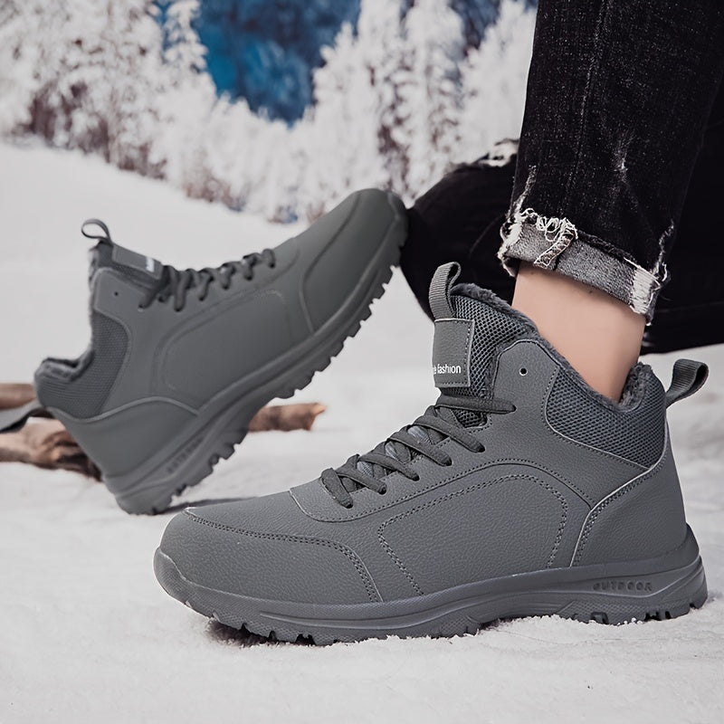 Men's Winter High-Top Sneakers - Warm & Lightweight Thermal Shoes with Fuzzy Collar, Non-Slip MD Sole & PU Upper, Lace-Up Ankle for Outdoor, Travel, Walking - Black - Ideal for Cold Weather & Snow - Casual Winter Boots for Me