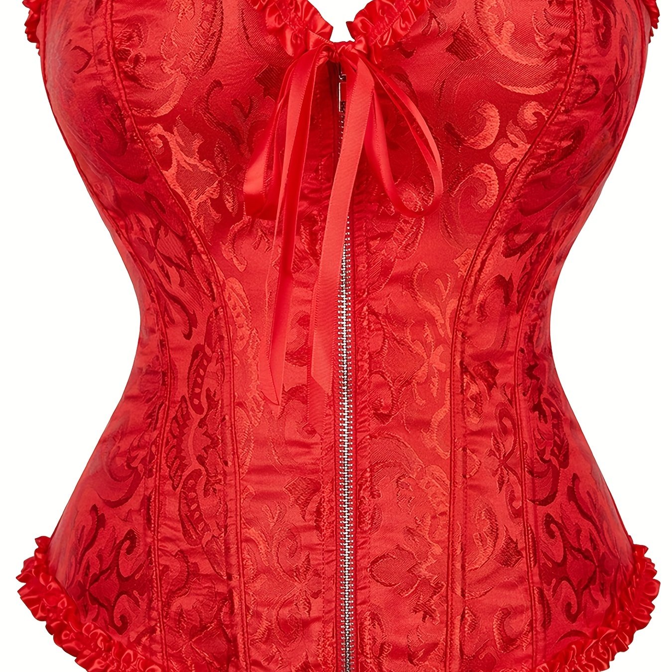 Plus Size Music Festival Elegant Corset, Women's Plus Zipper Frill Trim Lace Up Waist Training Tummy Control Wedding Shapewear