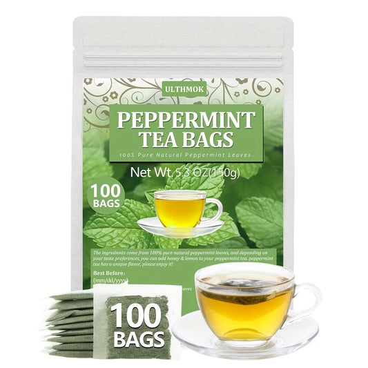 ULTHMOK High Quality Mint Tea Bags, 100 Tea Bags 1.5g/5.3 Ounces, 100% Pure Mint Tea, Naturally Additive Free, Caffeine Free.