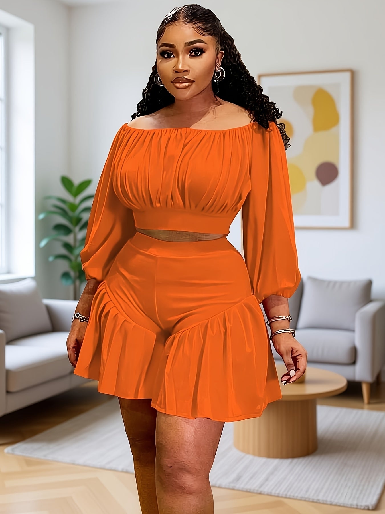 Plus Size - Plus Size - New Fluffy Waist-Cinching Casual Two-Piece Set with Pleated One Neck Design