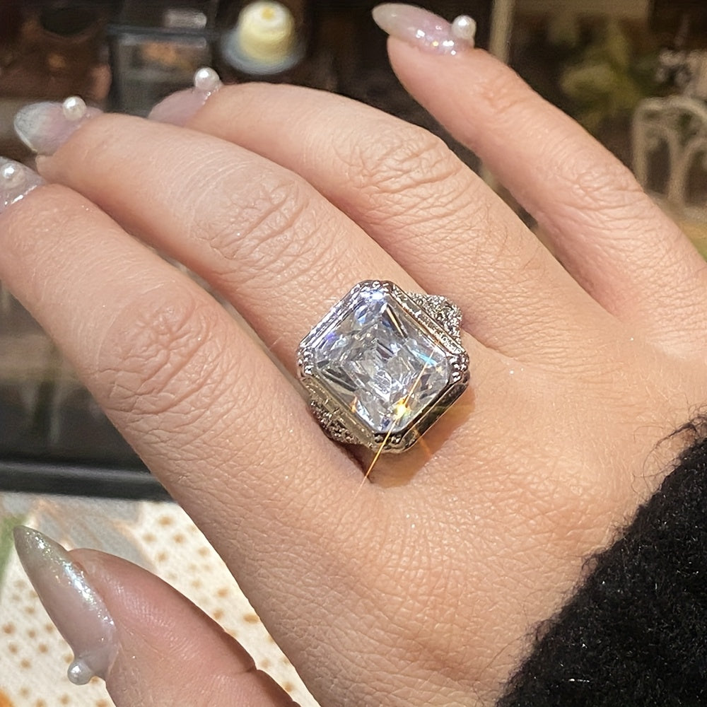 925 Sterling Silver Wide Face Ring, Luxurious And Fashionable, Princess Square Design, Fully Set with 5A Zirconia, Suitable for Daily Wear, Engagement, Date Parties, As A Gift for Your Girlfriend, with Gift Box Included