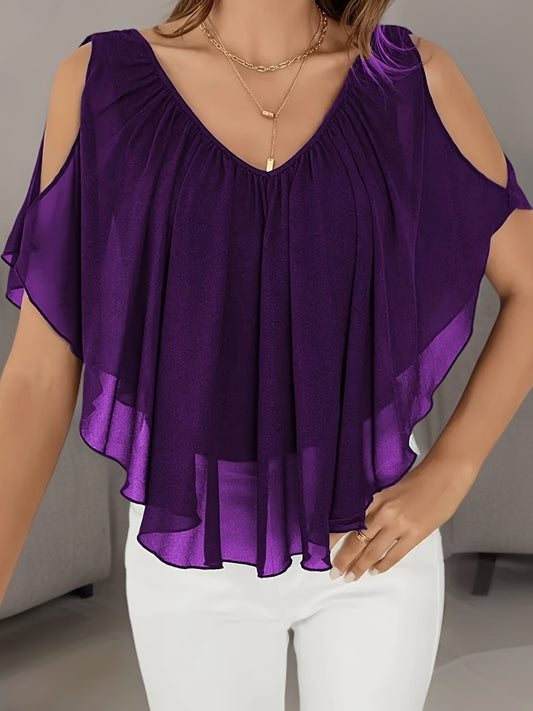 Plus Size - New Spring And Summer Plus-Size Women'S Solid Color Asymmetrical Hem Off-Shoulder Ruffled Chiffon Blouse