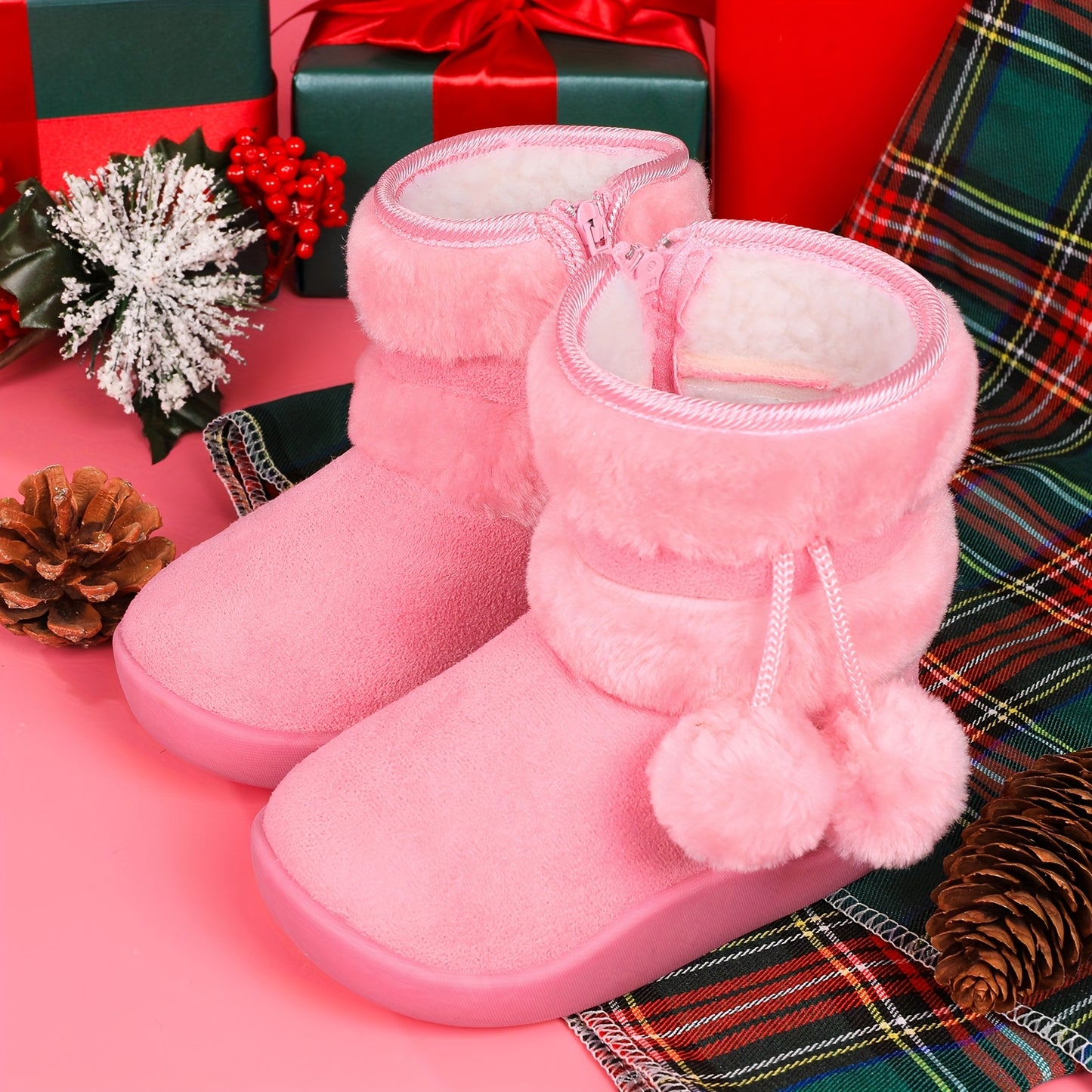 Kids' Plush Snow Boots - Slip-On Winter Boots with Non-Slip TPR Sole, Soft Fabric Upper & Fuzzy Lining - Warm Cold Weather Shoes for Boys & Girls, Toddler & Children - Christmas Halloween Gift (Pink) - Easy On/Off for Snow, I