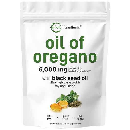 Micro Ingredients Oil of Oregano Softgels 6000mg Per Serving, 300 Count | 2 in 1 Formulated with Black Seed Oil 200mg, 4X Strength Carvacrol & Thymoquinone | Plant Based, Non-GMO & Immune Support