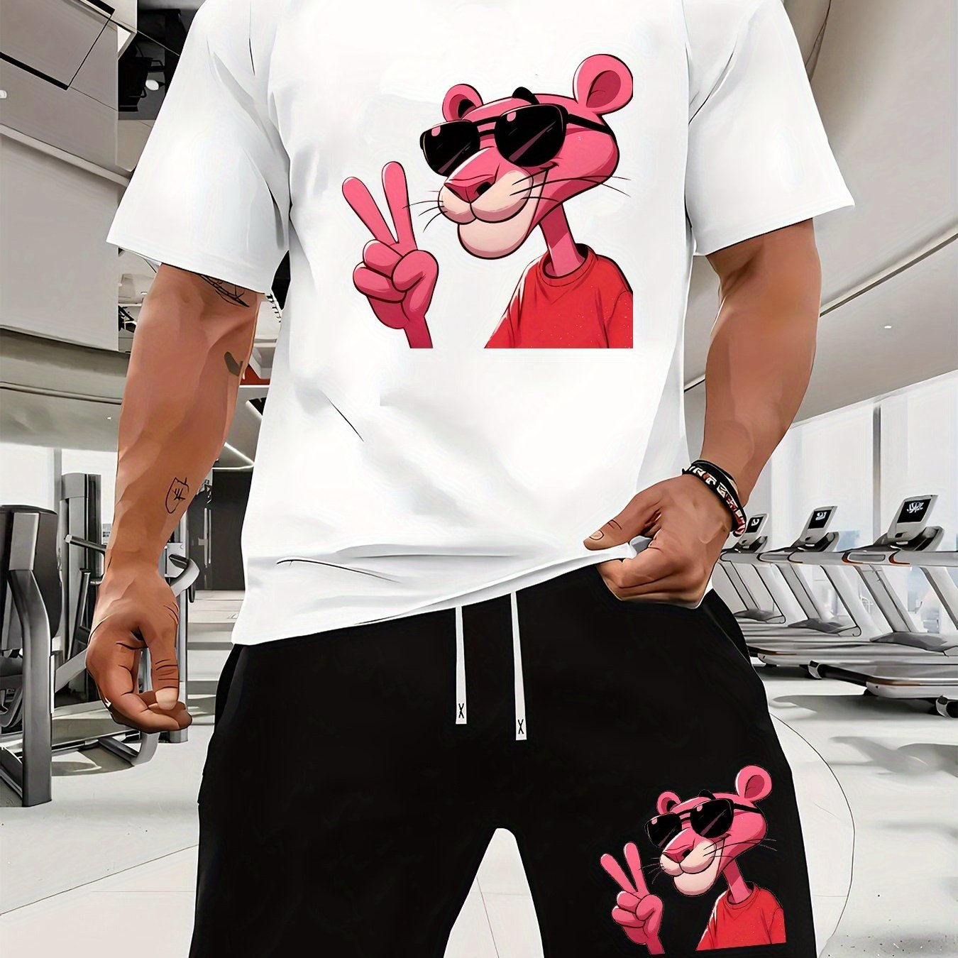Men'S Short-Sleeved T-Shirt And Waist-Tightening Shorts Set with Trendy Pink Leopard Image Print, Casual Sports Regular Top And Pants Suit, Suitable for Spring And Summer Matching