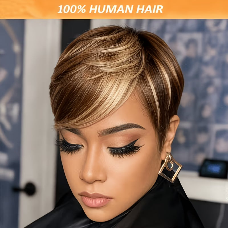 CUKLOP Women'S Short Straight Human Hair Wig Featuring Bangs And Blonde Highlights, Ideal for Various Skin Tones, Natural Brown/Blonde P4/27 Shade, 180% Density Non-Lace Wig Perfect for Everyday Use And Party Hairstyles