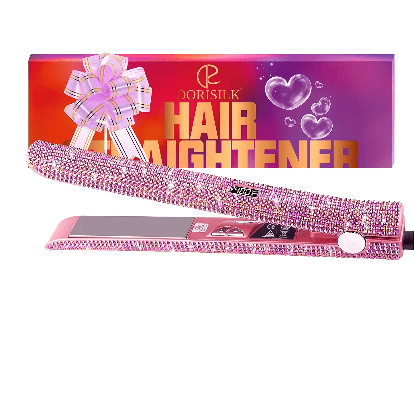 DORISILK 480°F High Temp Hair Straightener and Curler, Titanium Flat Iron Rhinestone Straightening Iron, 2 in 1 Straightening Curling 1" Salon Professional Dual Voltage Crystal Bling Rose Pink