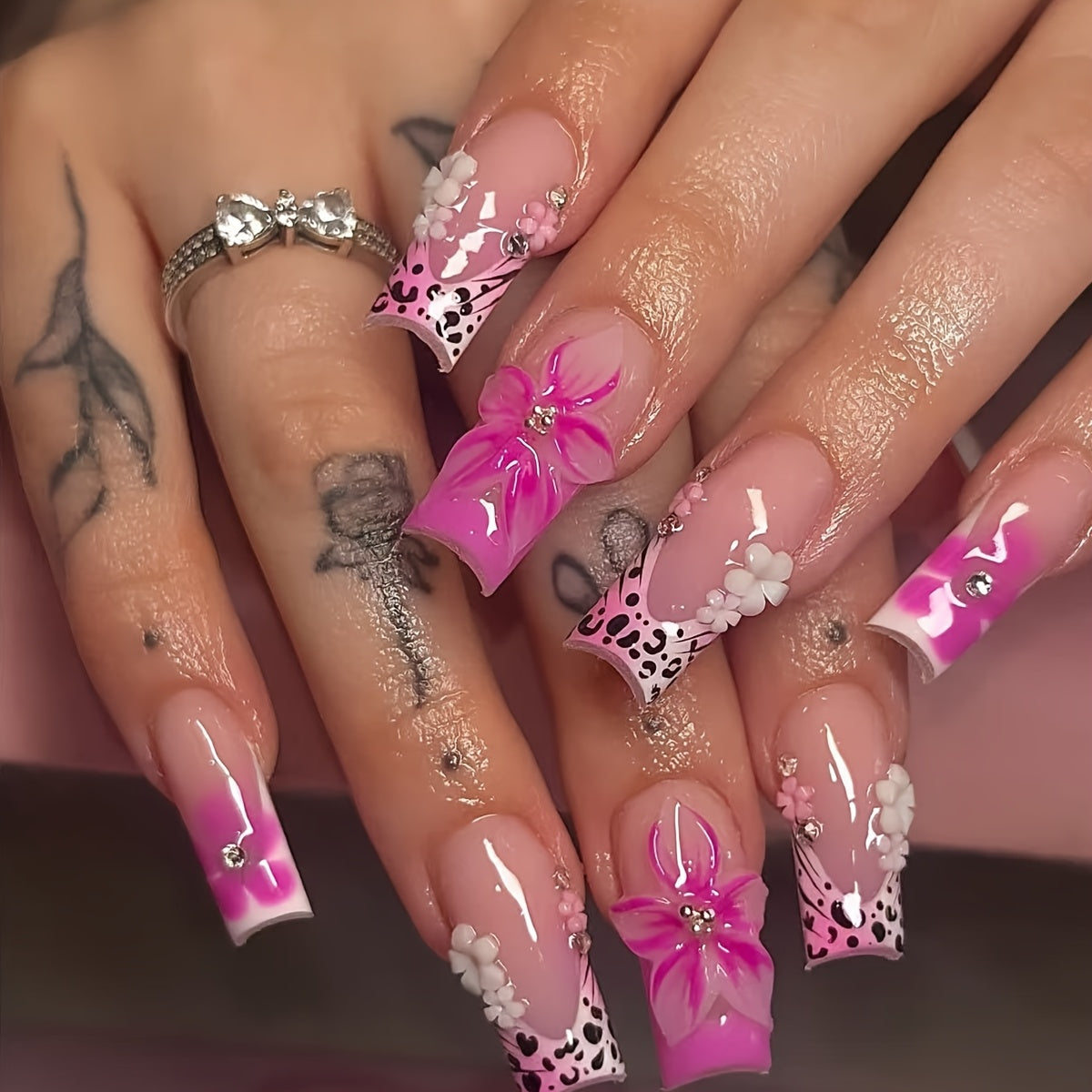 24pcs Pink Gradient Leopard Print 3D Flower Design Artificial Nails | Glossy Finish with Silvery Beads and Rhinestones, Ideal for Daily Wear, Work, Parties, and Carnivals