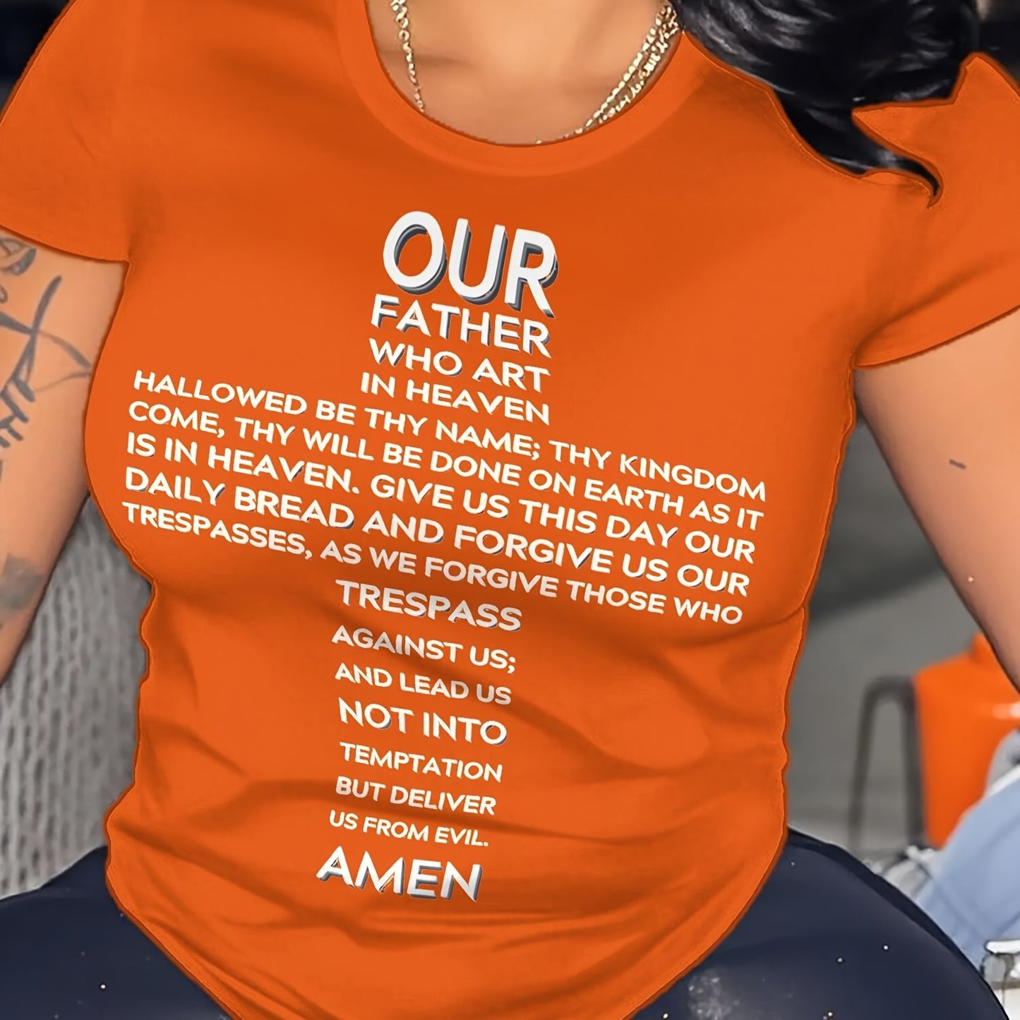 Women's Plus Size Loose Fit T-Shirt - Lord's Prayer Cross Print Religious Inspirational Top, Soft Stretch Comfort, Bright Pink with White Text, Machine Washable Round Neck Casual Shirt for Spring Summer Fall, Ladies T Shirts,