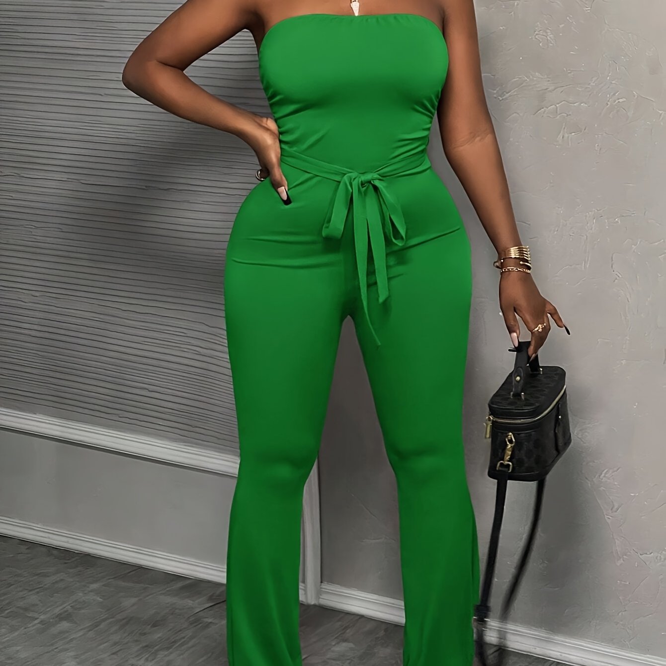 Casual Basic Elegant Purple-red Waist-tied Tube Flared Jumpsuit For Women