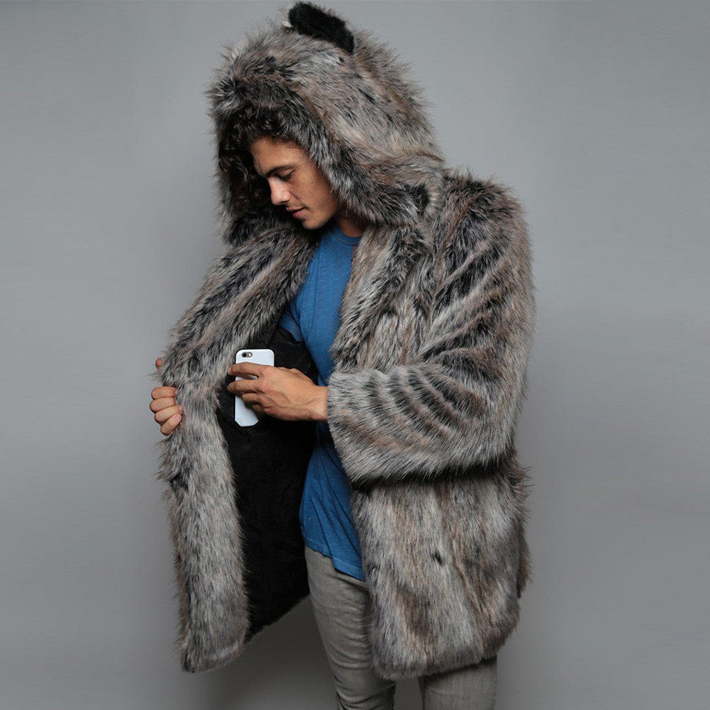 New European and American Style Faux Fur Coat for Men Winter Casual Warm Mink Fur Long Coat with Hood