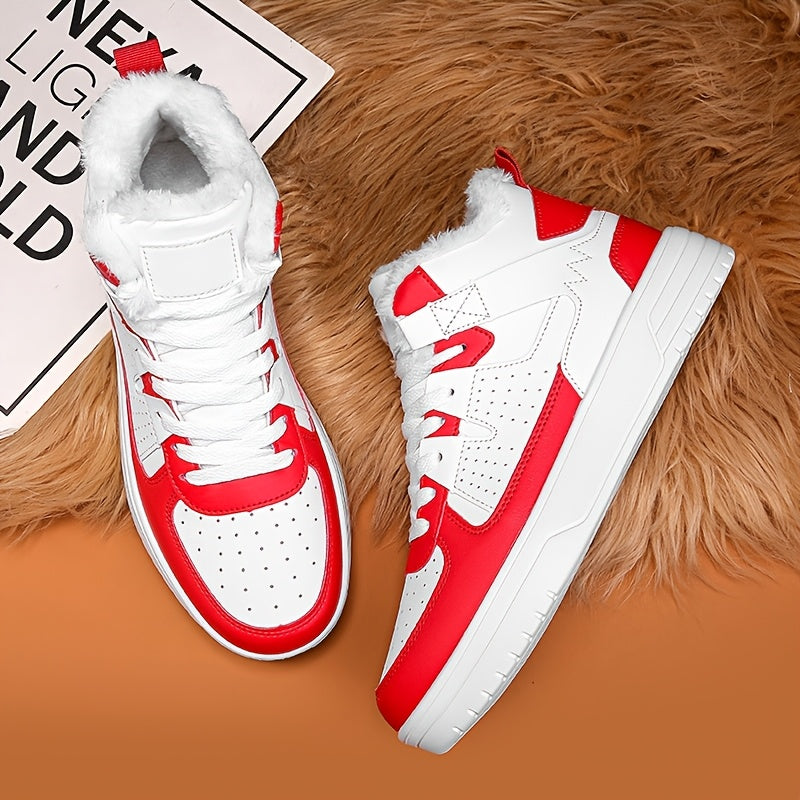 WANWEISI Men's Winter High-Top Thick-Sole Sneakers with Plush Fleece Lining - Heavy-Duty & MD Sole, Lace-Up Winter Boots for Hiking, Outdoor, Casual & Casual Attire - Warm Thermal Insulation, Cushioned Comfort, White/Black/Re