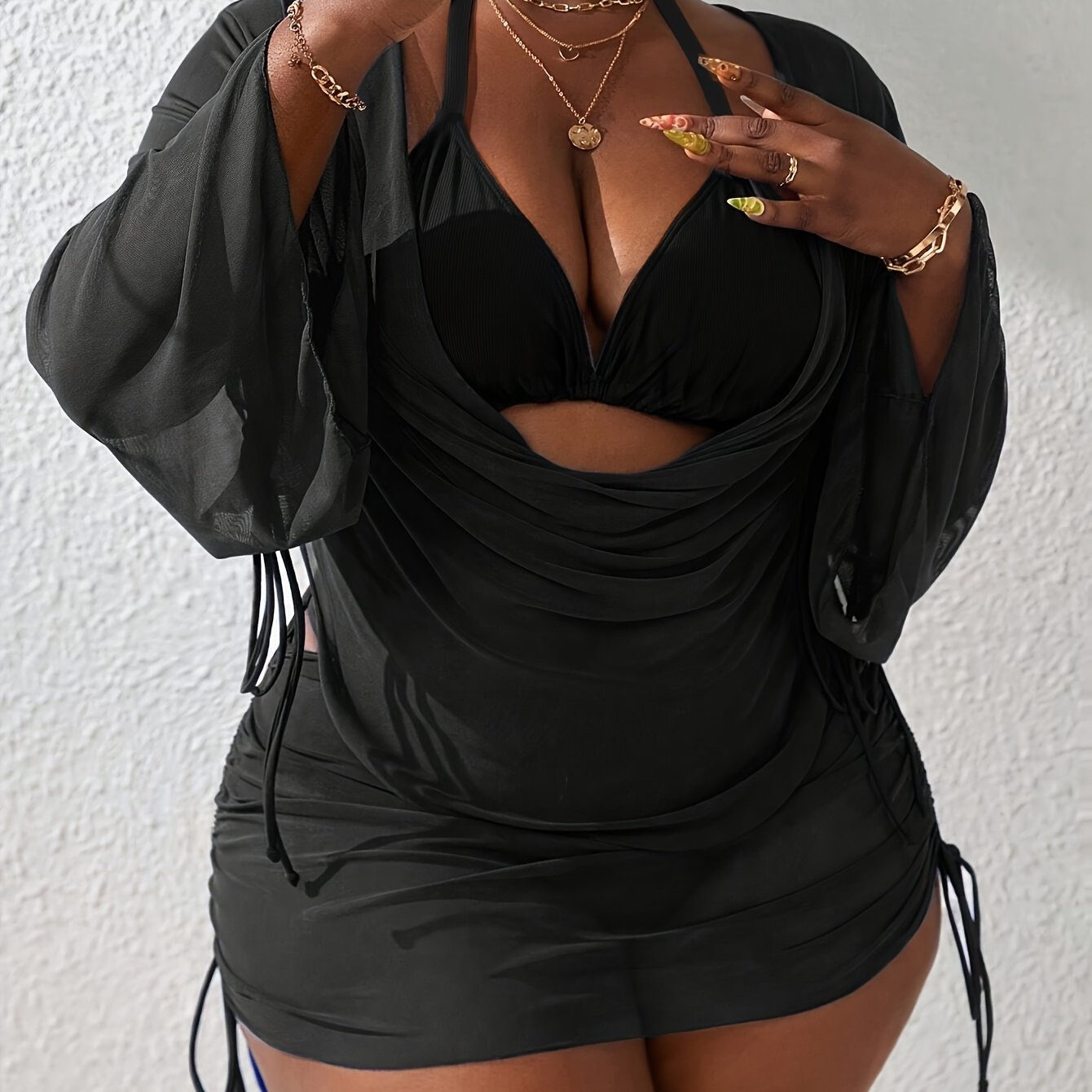 Women'S Vacation Style Solid Color Halter Drawstring Smock Plus Skirt Casual Plus Size Bikini Suit 4pcs Set