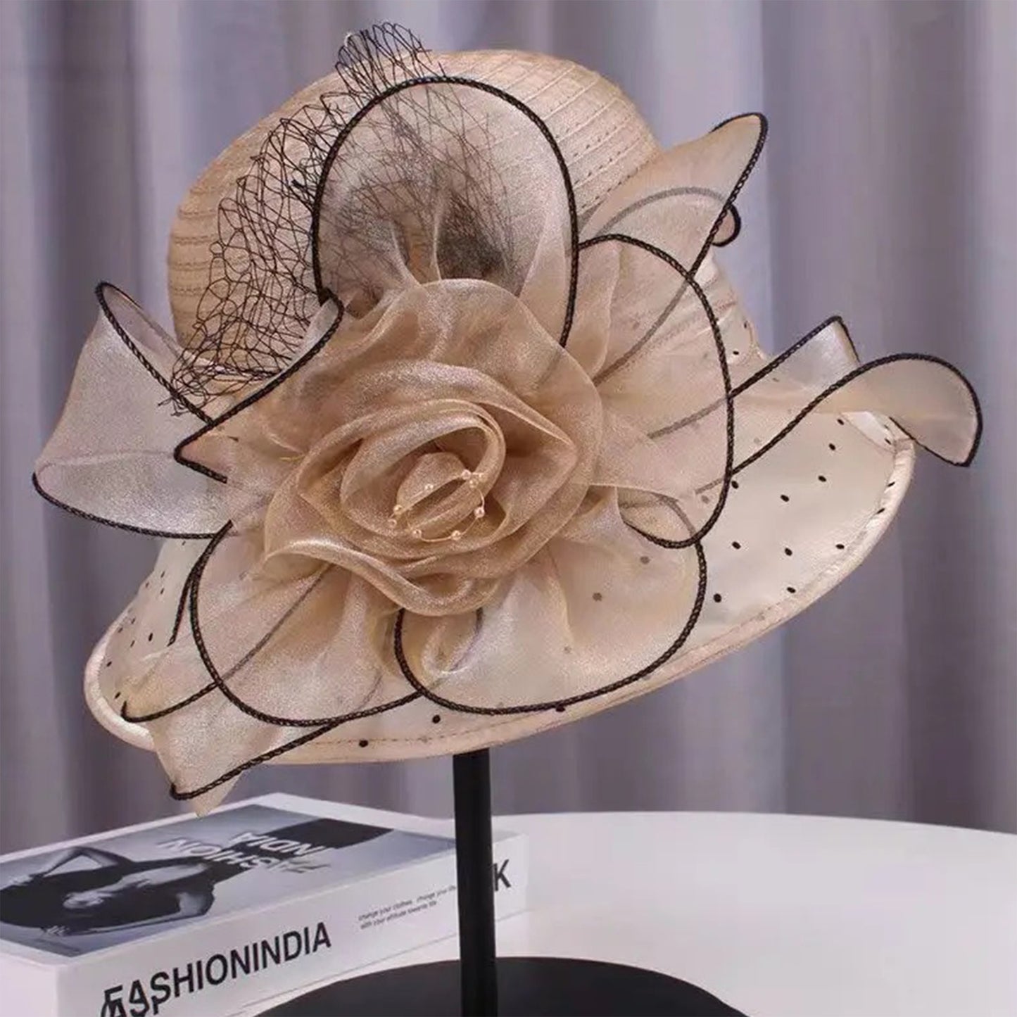 Women's Breathable Organza Sun Hat - Wide Brim Bucket Cap with 3D Floral Accents, Elegant Church & Party Hat for Outdoor Weddings, Garden Events, Machine Washable, Ladies Sun Hat, Delicate Openweave Fabric, Bridal Accessories