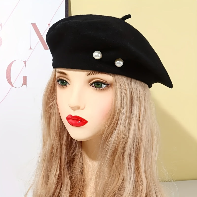 1pc Women's Polyester Beret with Artificial Pearl Accents - Elastic Fit, Lightweight Knitted Painter Hat for Valentine's Day, Versatile Daily Wear Accessory, Commuting Accessory | Artificial Pearl Detail | Polyester Fiber Hat