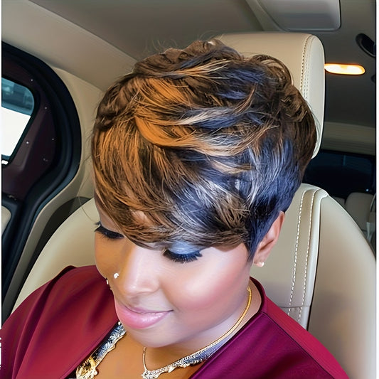 Women's Brazilian Remy Human Hair Wig - Sporty Short Pixie Cut with Golden Brown Highlights, 150% Density Rose Net Cap, Machine-Made Straight Bob Wig for All Ethnicities, Versatile Hairstyle | Sleek Straight Wig | Comfortable