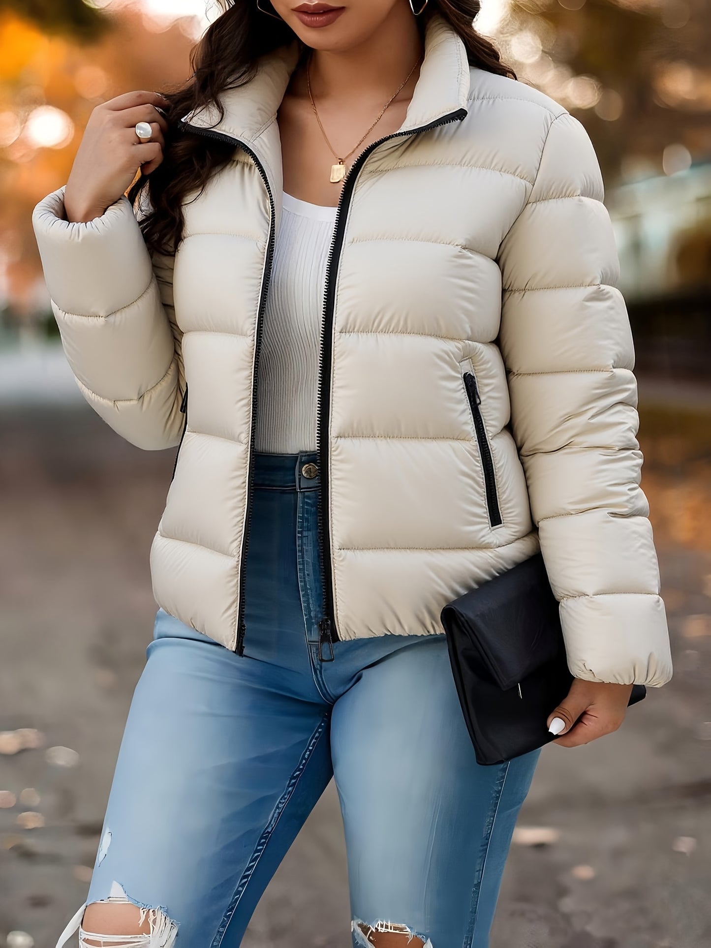 Women's Elegant Winter Warm Full-Zip Jacket with Full-Zip Front Closure, A-Line Silhouette & Stand Collar - Beige/White Coat with Full-Length Zipper, Machine Washable Outerwear for Casual & Formal Events - Cozy Winter Outer J