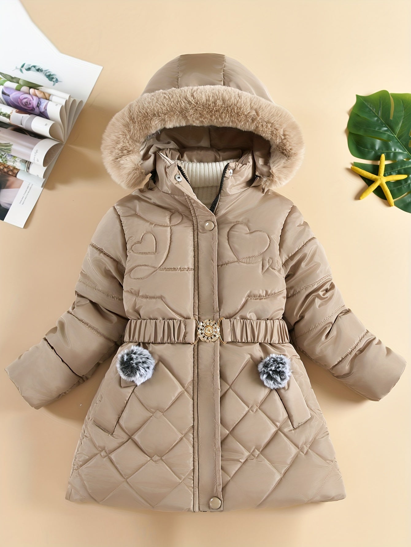 Stylish Girls' Winter Coat with Faux Fur Hood, Heart-Shaped Diamond Pattern, Warm Mid-Length Parka with Belt - Beige, Polyester, Fall/Winter Outerwear for Girls, Girls Winter Clothes