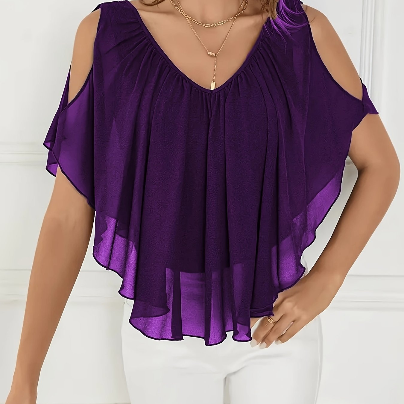 Plus Size - New Spring And Summer Plus-Size Women'S Solid Color Asymmetrical Hem Off-Shoulder Ruffled Chiffon Blouse