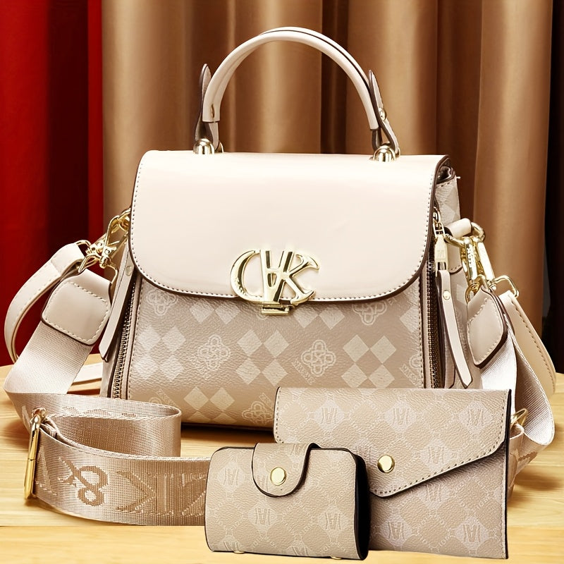 Women'S Handbag Set - Elegant Brown & Golden Tote with Detachable Strap, Zipper Closure, Polyester - Stylish Everyday & Formal Purse for Women, Versatile For Casual & Formal Occasions, Ladies Handbags, Urban Style, Durable Co