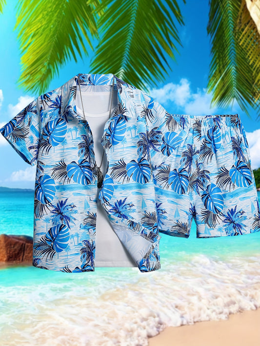 2pcs Boys' Coconut Tree Print Short Sleeve Shirt and Shorts Set, Comfortable Summer Casual and Outdoor Wear, Perfect for Outdoor