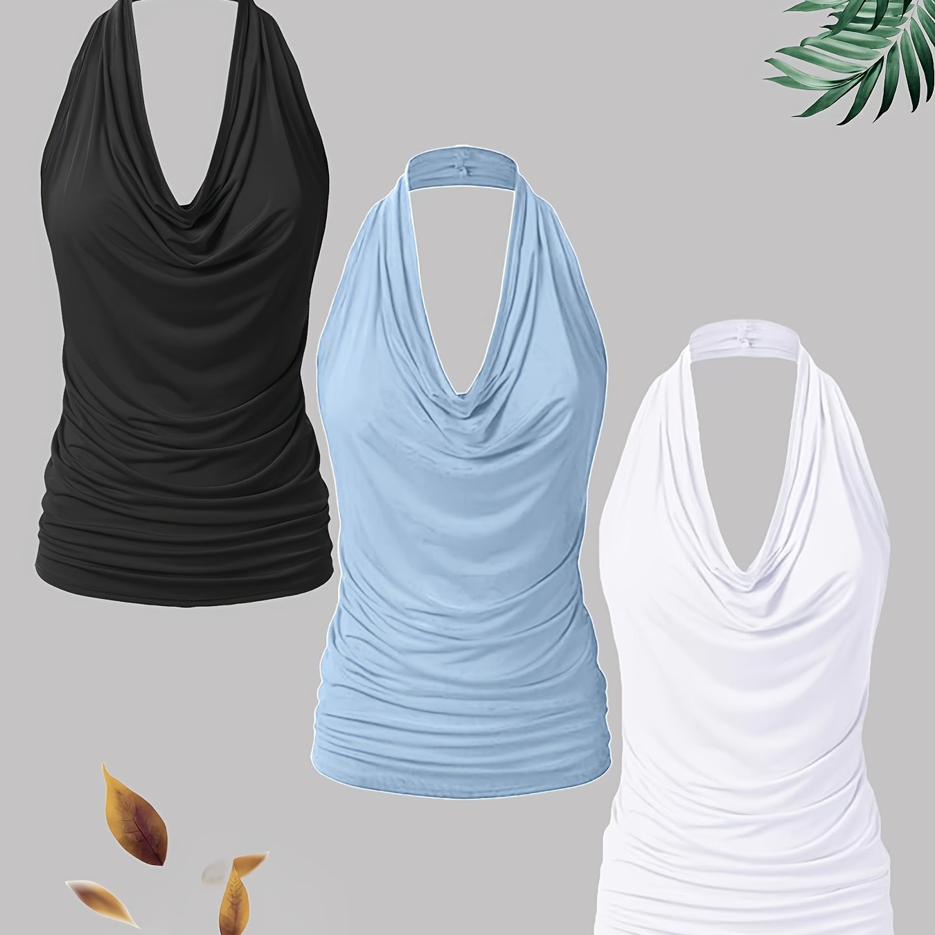 Plus Size, New Fashion Women's Casual Solid Color Halter Neck Large Size Vest Set