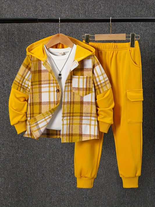 2pcs, Fall And Winter New 'ong-sleeved Plaid Cardigan Suit 'low-Up Hooded Jacket 'ashion Work Pants, Outfits, Cold Weather Clothing, Stylish Outfit, Classic Plaid, Durable Material, Quality Stitching, Twopiece Outfit, ' Cardi