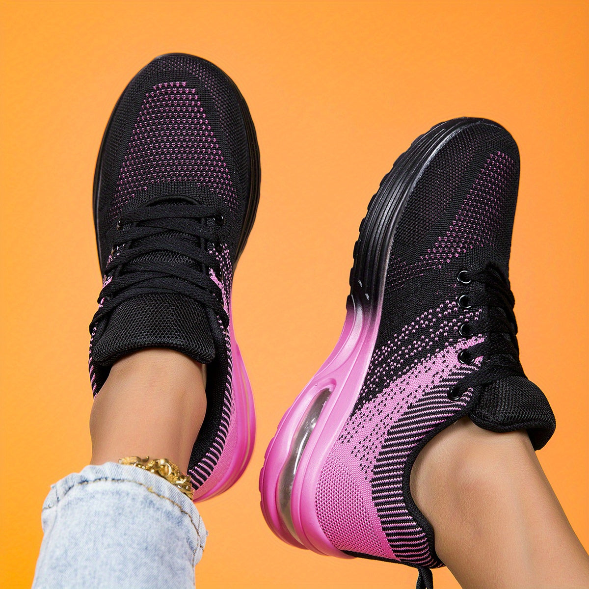 Women's Breathable Mesh Athletic Sneakers - Black & Pink Gradient Design, Air-Cushioned Comfort Sole, All-Season Stability Support, Soft PU Outsole, Fabric Lining, Round Toe Style, Allseason Sneakers | Vibrant Gradient Design