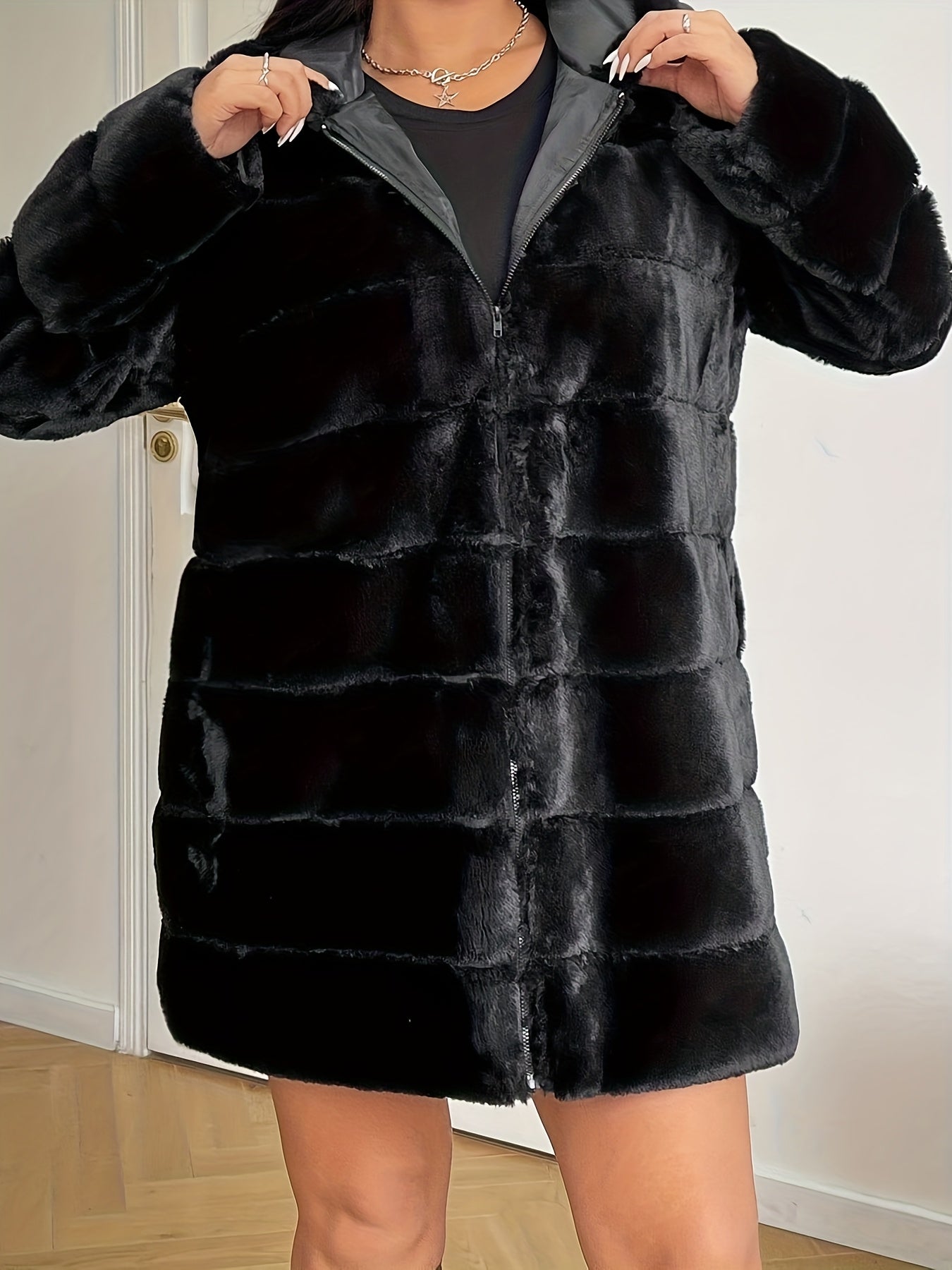 Plus Size - Plus Size - Plus Size - Women'S Plus Size Winter Black Faux Fur Hooded Jacket - Oversized Casual Coat with Zipper Closure, Long Length