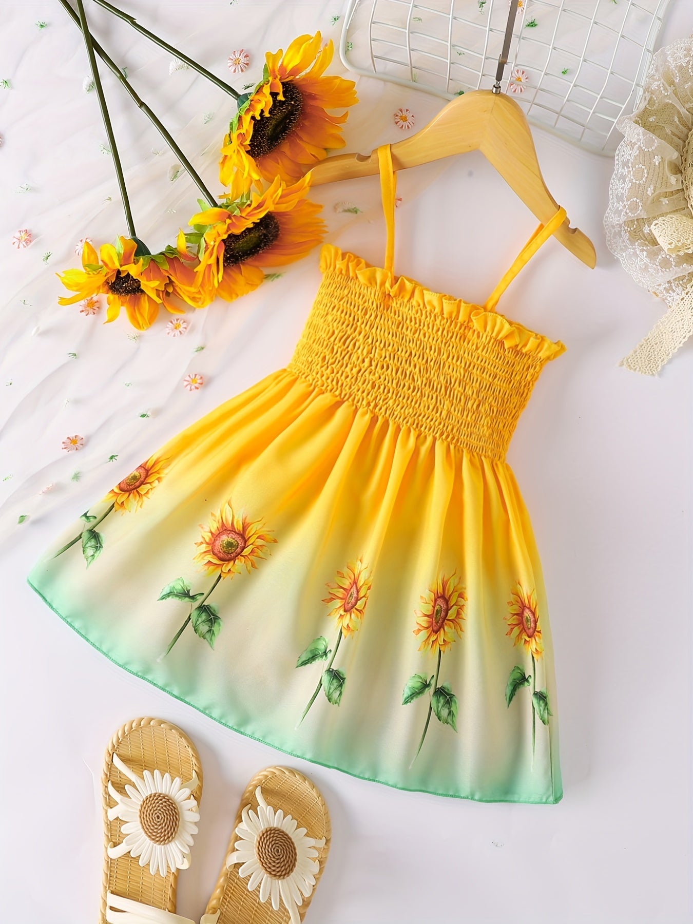 [Sunflower | Girls] Gradient Color Sunflower Princess Dress | Toddler Girls Shirred Cami Frill Trim | For Party Beach Vacation Kids Summer Clothes 4th Of July Outfit