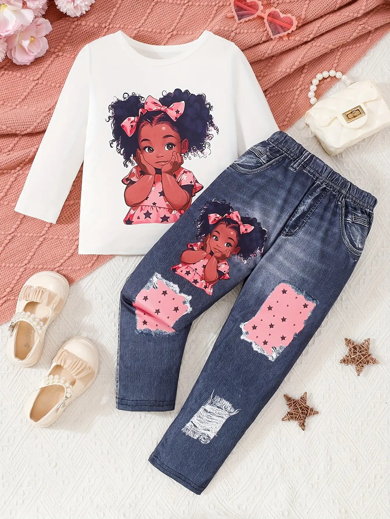 2pcs Girls' Cute Doll Print & Faux Denim Overalls Set - White Smock Dress + Blue Jeans-Like Leggings with Doll Face Print (Eyes/Nose/Mouth), Machine Washable Spring/Fall Outfit for Party, Everyday Play & Dress-Up , Perfect fo