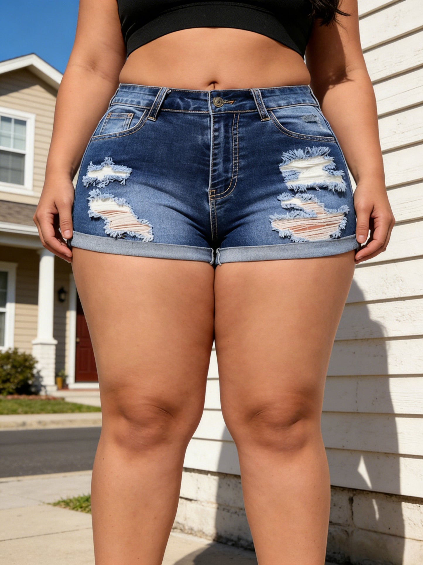 Plus Size Women Denim Shorts High Waist Stretch Denim Medium Wash Casual Wear Summer Denim