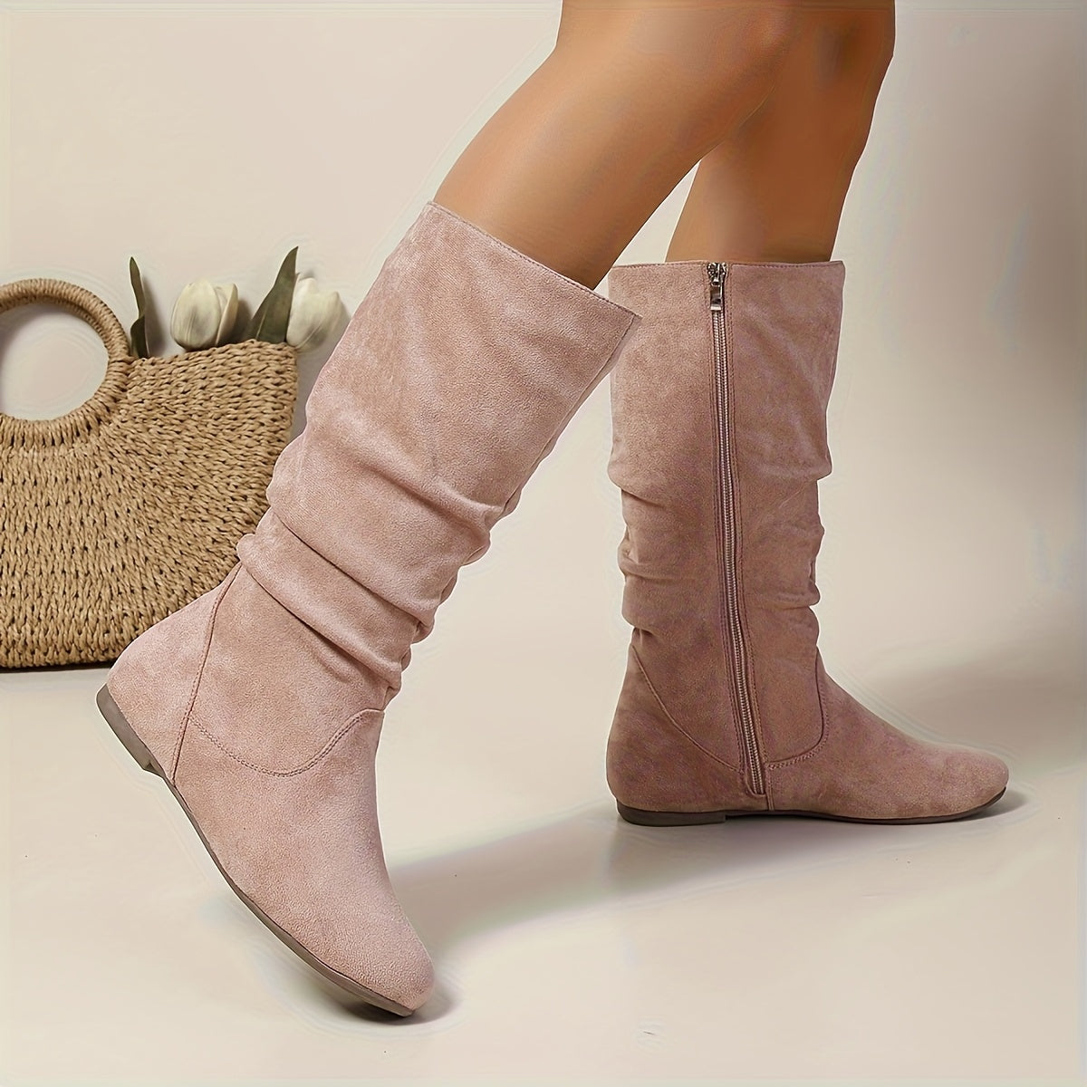 Women'S Elegant Western Boots with Slim Side Zipper & Pleated Layered Design - Round Toe Mid-Calf Flat Heel, Non-Slip TPR Sole, Warm Fabric - Winter Boots for Casual, Formal & Music Festival Outfits - (Halloween & Everyday) -