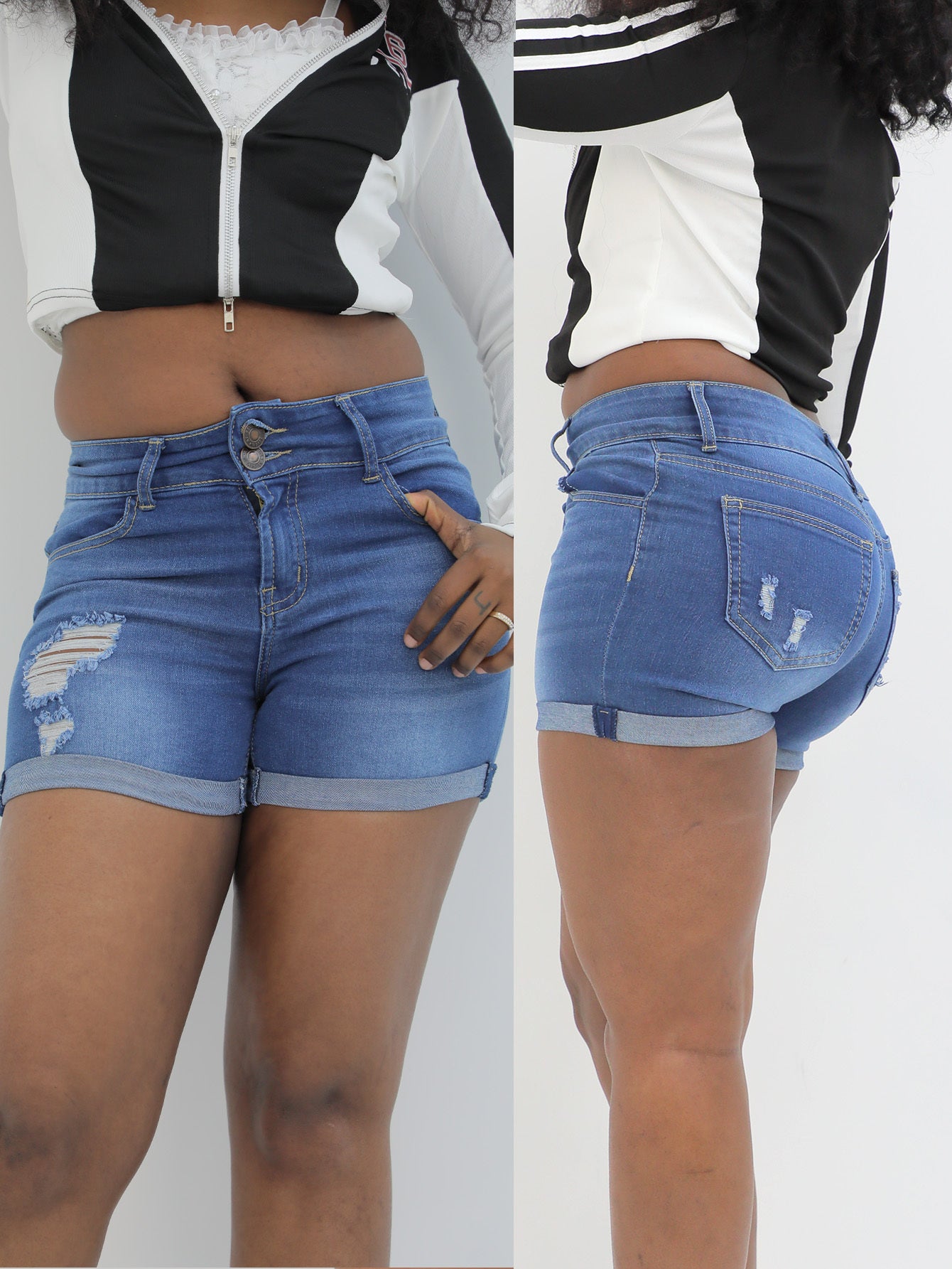 Medium blue jean shorts for women, comfortable stretchy fabric, stylish ripped double button design, angled pocket, machine washable, summer must-have