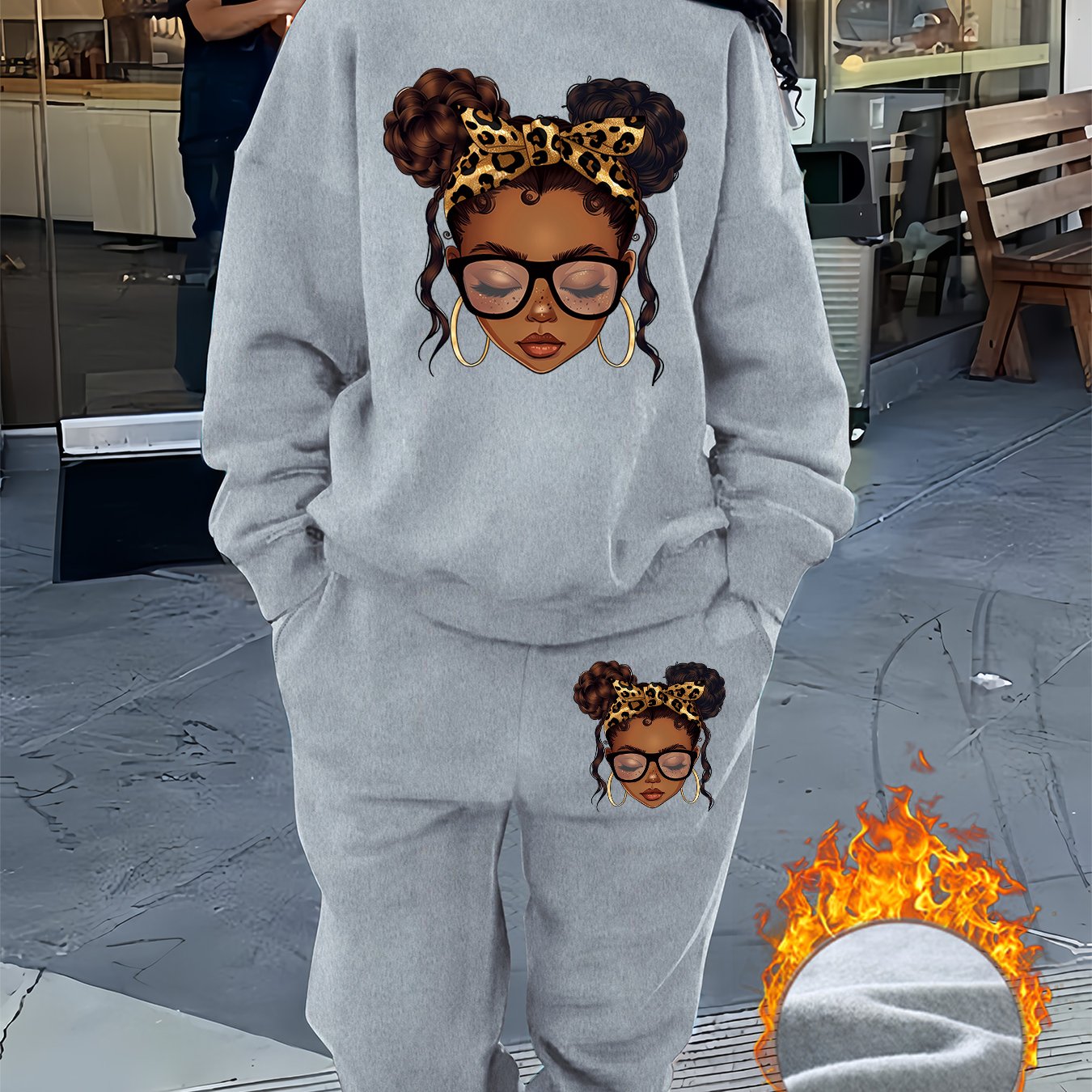 Graphic Print Two Piece Set, Crew Neck Sweatshirt & Pants, Women's Clothing