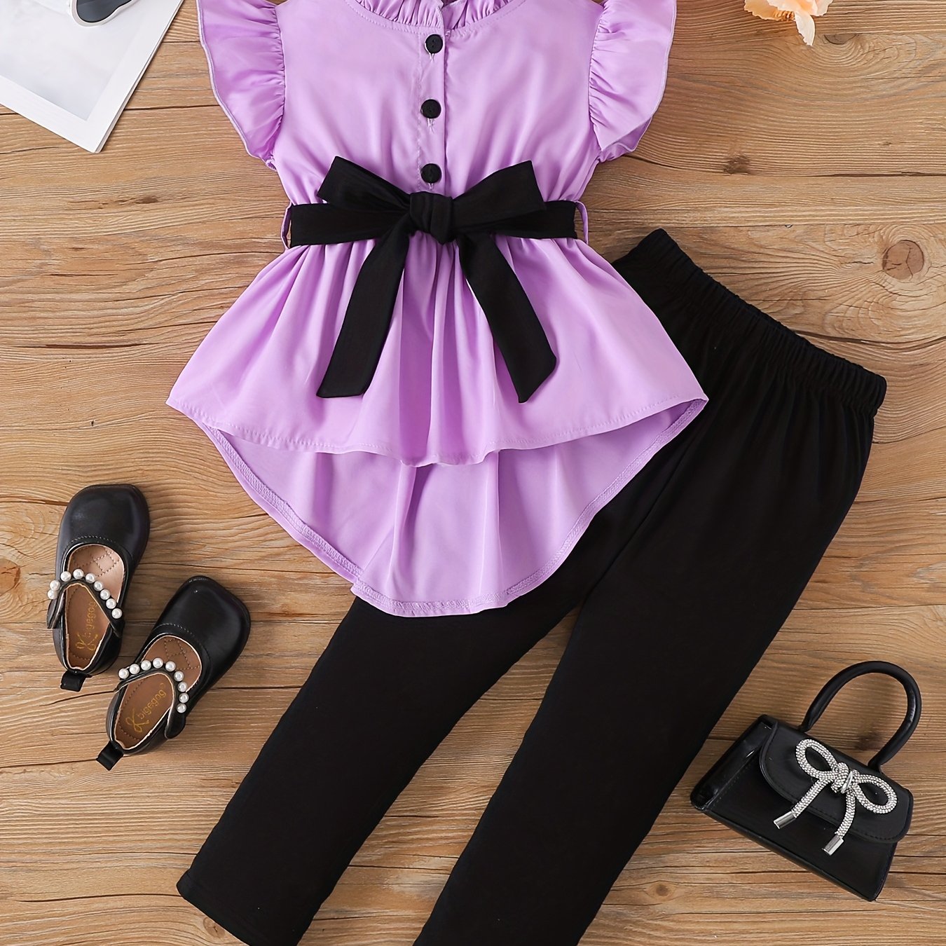 Outdoor Two-Piece Set for Girls, Fashionable Spring/Summer Contrast Belt Flutter Sleeve Half Cardigan with Tie-Waist and Peplum Backless Top + Long Pants, Perfect for Outdoor