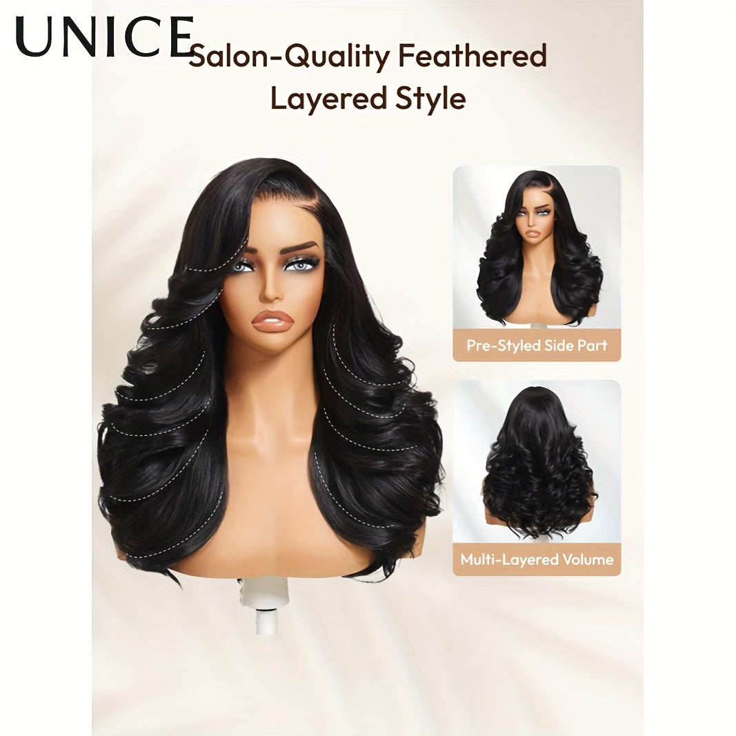 UNice 250% Density Human Hair Wig with Feathered Layers & Volume - Bye-Bye Slip (Adjusts 18"-24") | Secure Strips & Drawstring Closure | Pre-Layered Style for & | Hair Density (No Glue Needed)