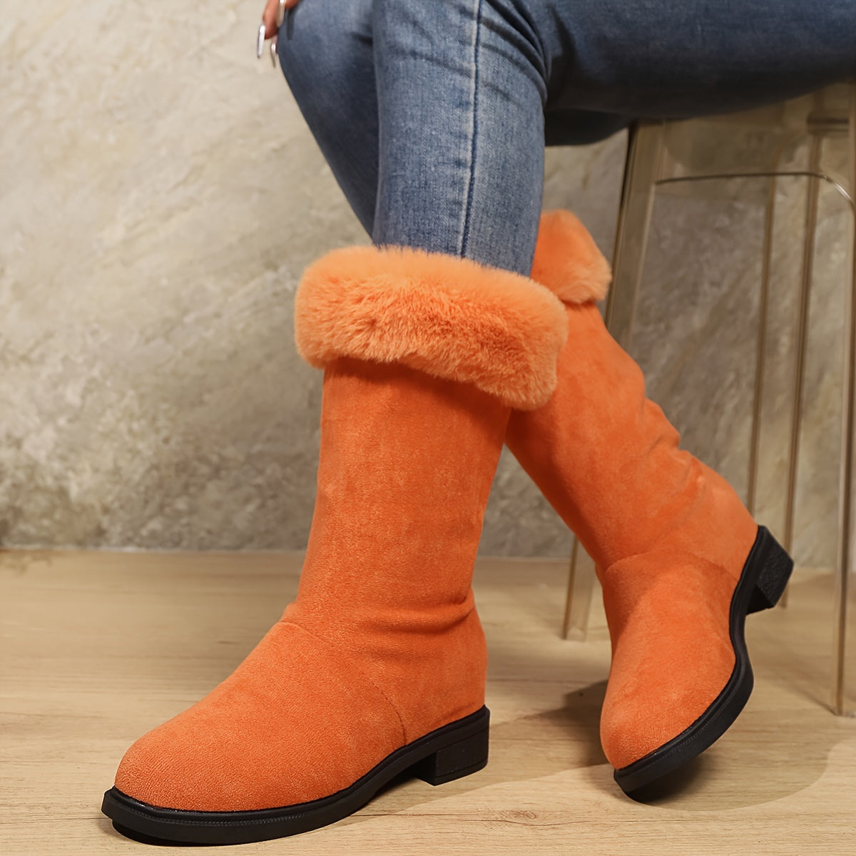 Ladies' Fashion Classic Plush Women'S Boots | Soft Touch, Winter Warm Comfort, Slip-on, Platform Heel, Mid Heel Height