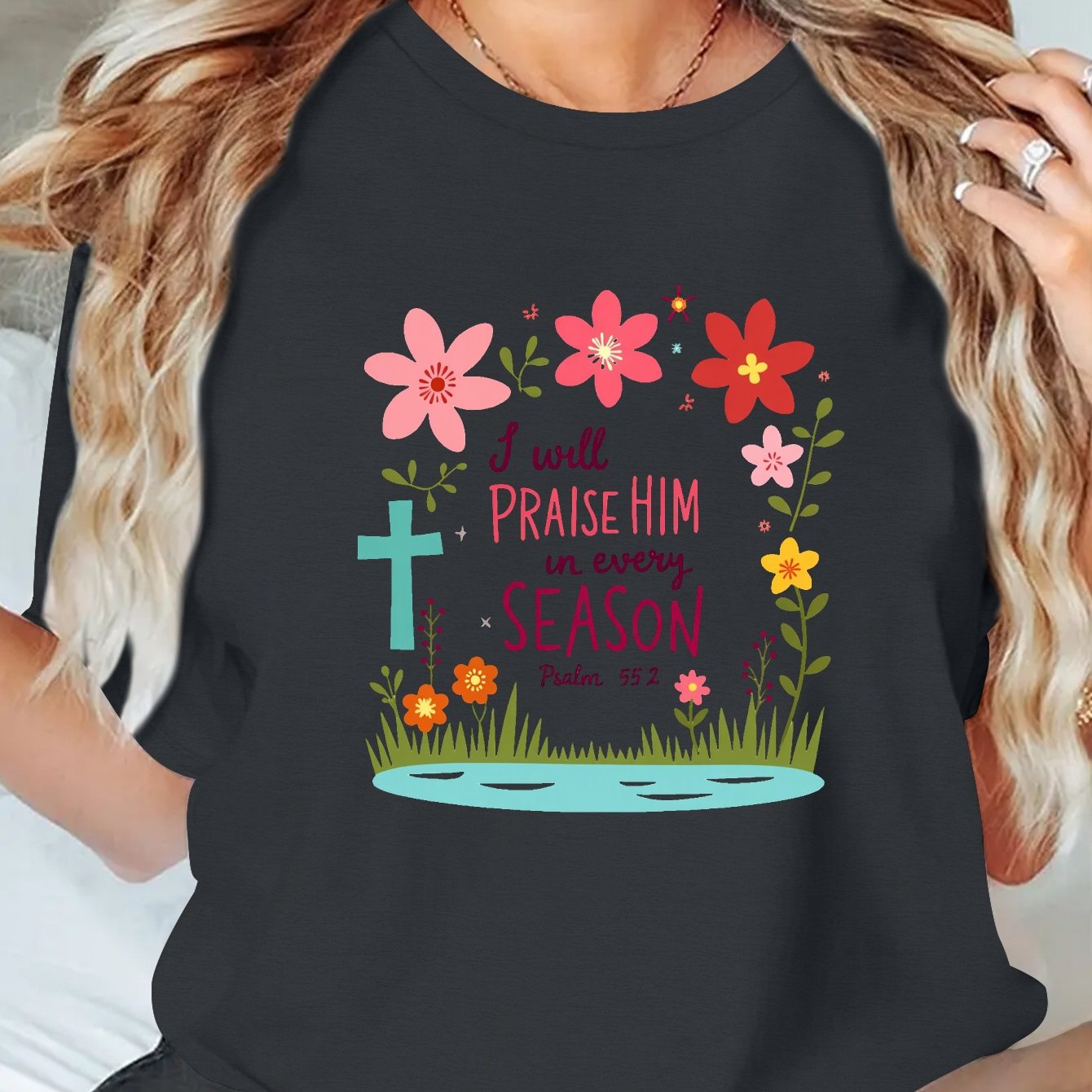 Women's Large Christian Faith Apparel T-Shirt - Praise Him Every Season Psalm Quote (Psalm 148:6) Religious Tee - Dark Background with Red Floral Cross Design - Breathable Casual Church Outfit - Machine Washable All-Season Sp