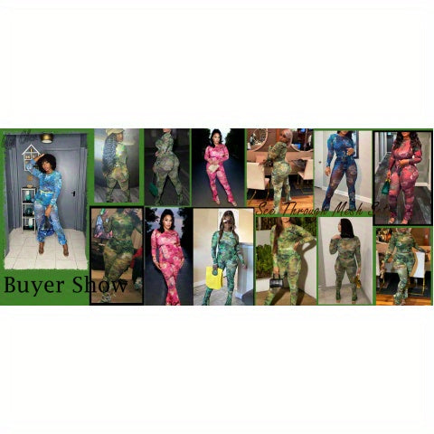 Women Two Piece Set Floral Print See-Through Mesh Long Sleeve Round Neck Top and Pants Set Long Sleeve Round Neck Cropped Top and High Waist Flared Pants Set Y2K Style Suitable for Leisure, Party, Festival