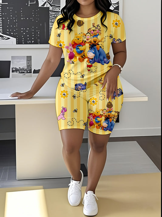 Large Size Disney Winnie The Pooh Women'S Sports Suit, Short-Sleeved Round Neck Top And Sports Shorts Set, Large Size Women'S Suit, Loose And Comfortable Sports Suit