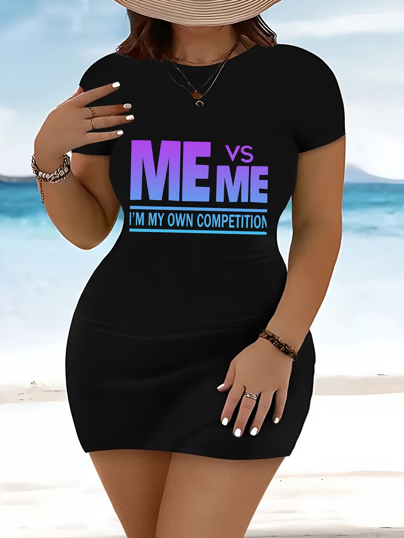 Plus-Size Women'S Fashion Letter Print Casual Sporty Fitted T-Shirt Dress Bodycon Dress